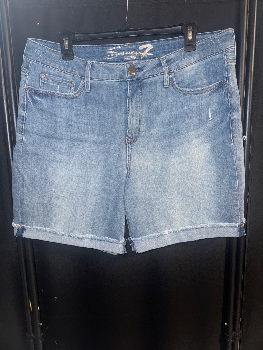 Seven7 Light Wash Frayed Hem Denim Shorts